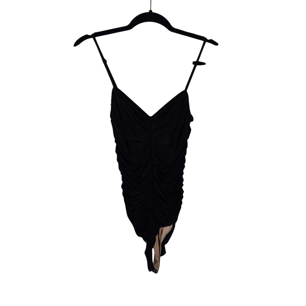 GOLDSIGN The Hutton Ruched Bodysuit Womens Small Black V-Neck Spaghetti Straps